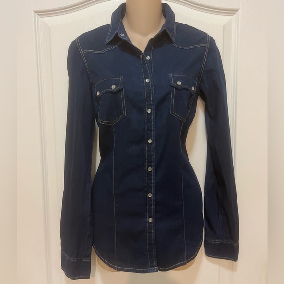 Forever 21 Dark Blue Chambray Denim Pearl Snap Western Shirt, Size S, NWOT - Picture 2 of 9